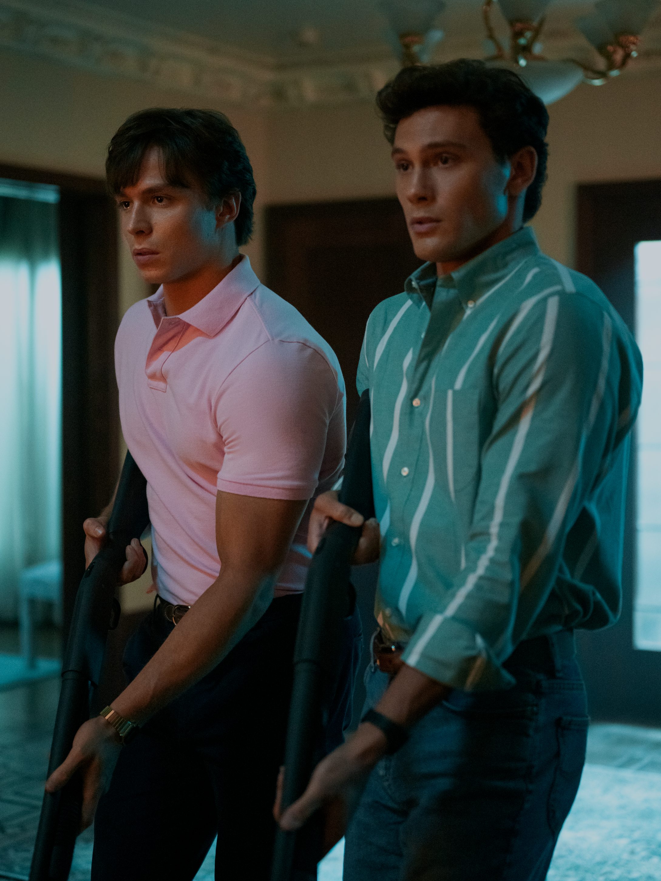 Nicholas Chavez as Lyle Menendez, Cooper Koch as Erik Menendez in episode 202 of Monsters: The Lyle And Erik Menendez Story.