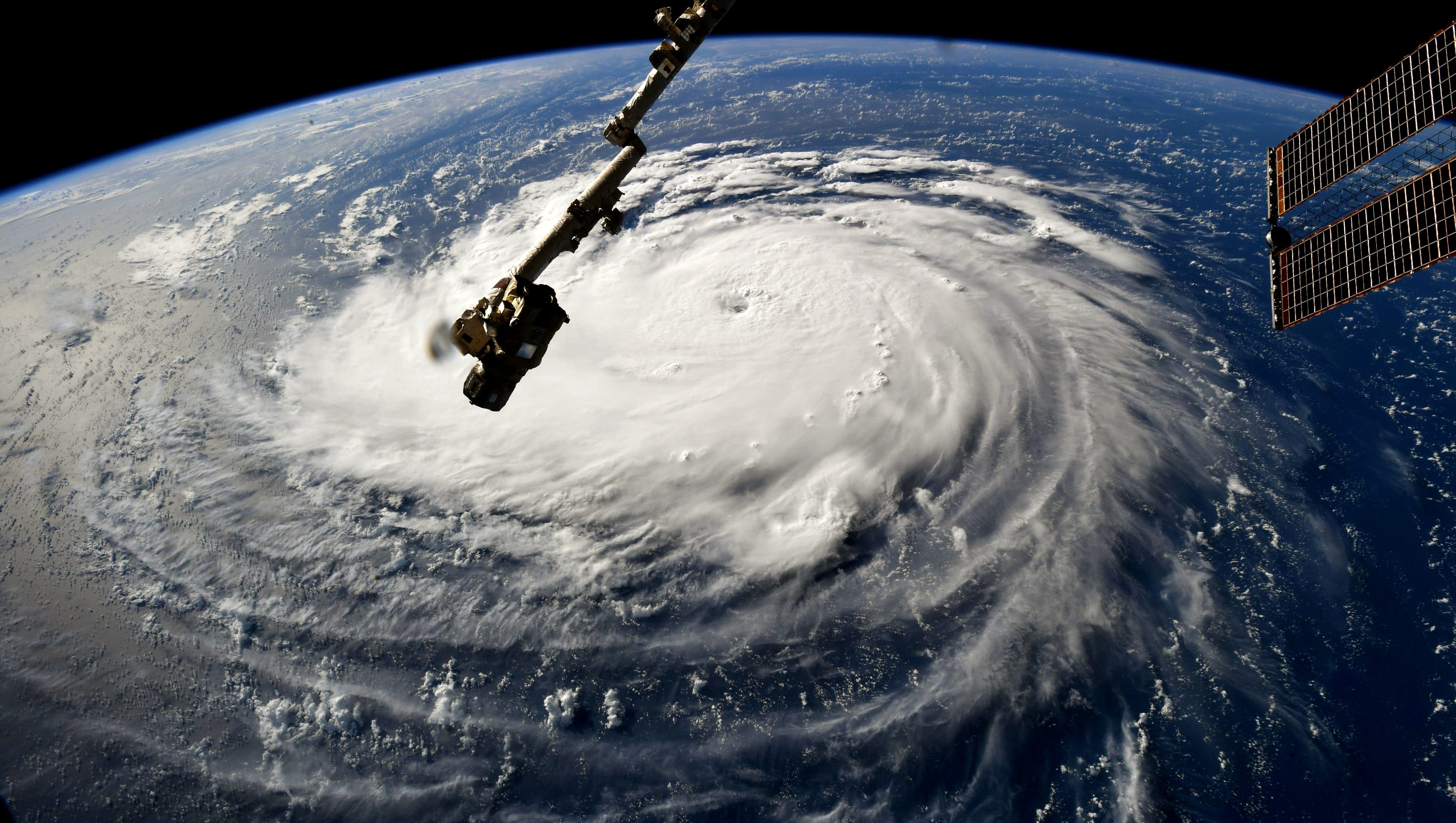 ATLANTIC OCEAN - SEPTEMBER 10: In this NASA handout image taken by Astronaut Ricky Arnold, Hurricane Florence gains strength in the Atlantic Ocean as it moves west, seen from the International Space Station on September 10, 2018. Weather predictions say the storm will likely hit the U.S. East Coast as early as Thursday, September 13 bringing massive winds and rain. (Photo by NASA via Getty Images)