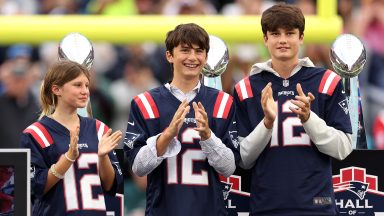 FOXBOROUGH, MASSACHUSETTS - SEPTEMBER 10: The children of former New England Patriots quarterback Tom Brady, Vivian, Benjamin, and Jack, look on during a ceremony honoring Brady at halftime of New England's game against the Philadelphia Eagles at Gillette Stadium on September 10, 2023 in Foxborough, Massachusetts. (Photo by Maddie Meyer/Getty Images)