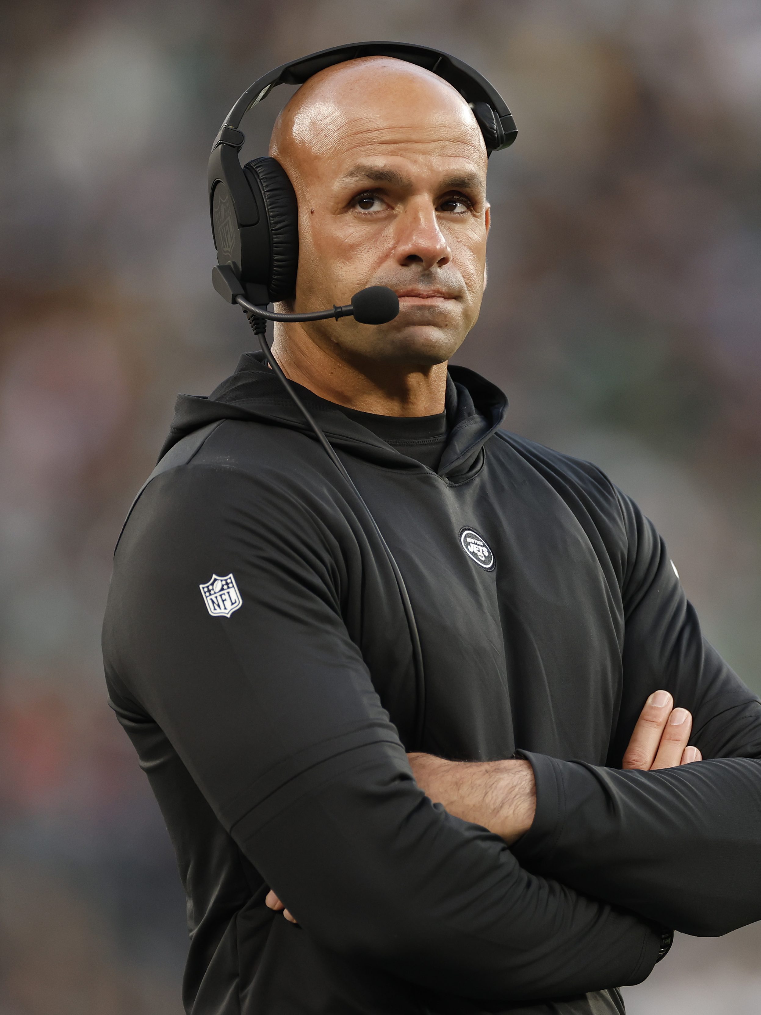 Robert Saleh of the New York Jets looks on during the first half in the game against the Philadelphia Eagles at MetLife Stadium on October 15, 2023 in East Rutherford, New Jersey. (Photo by Sarah Stier/Getty Images)