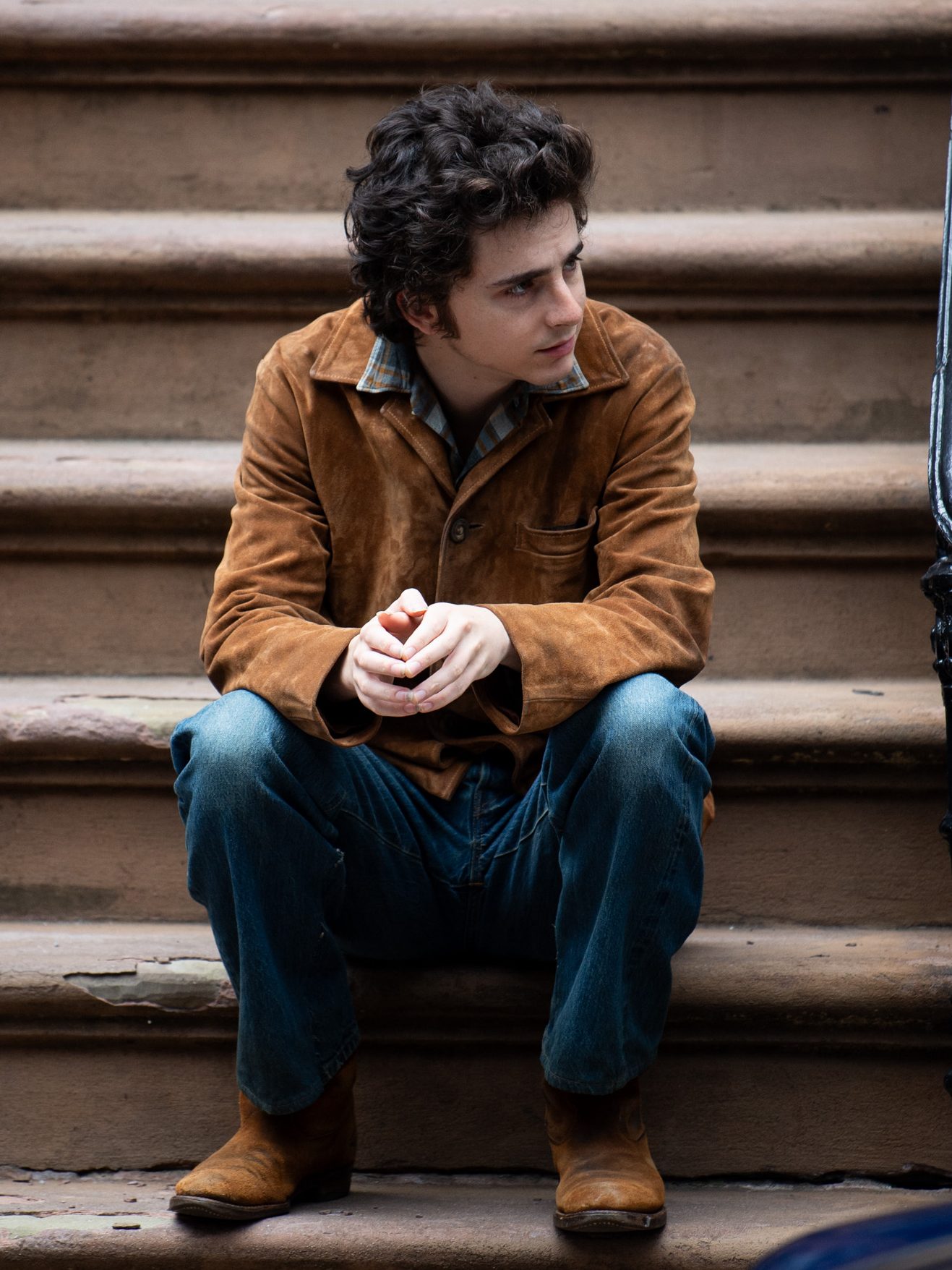 Timothee Chalamet is seen on the movie set of "A Complete Unknown"