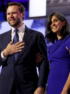J.D. Vance and his wife Usha Chilukuri Vance during the Republican National Convention on Wednesday, July 17, 2024. Vance's mom Beverly back right. (Robert Gauthier / Los Angeles Times via Getty Images)