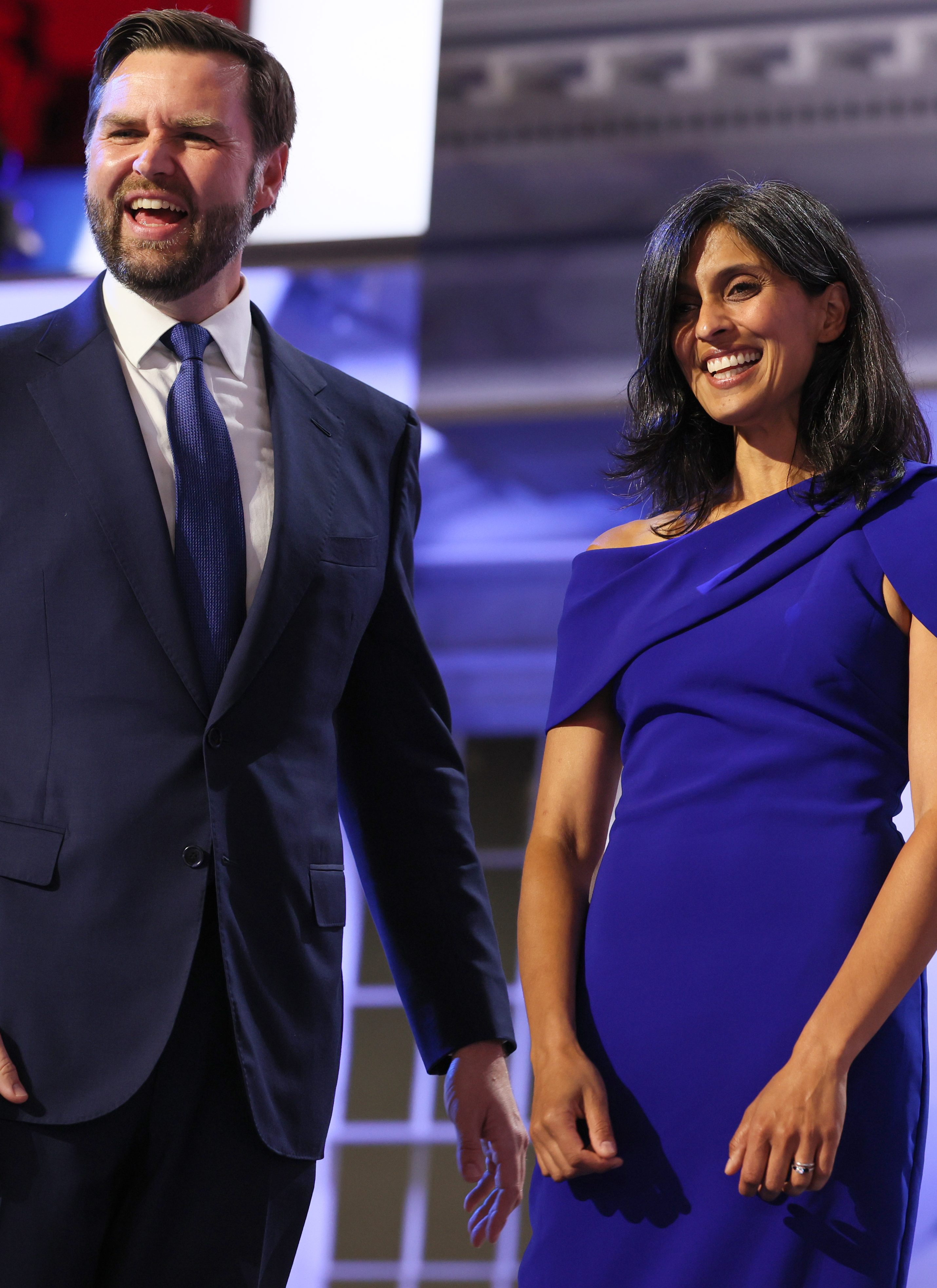 Milwaukee, Wisconsin, Wednesday, July 17, 2024 - Vice Presidential candidate J.D. Vance with his wife, Usha on stage during day three of the Republican National Convention at Fiserv Forum. (Robert Gauthier/Los Angeles Times via Getty Images)