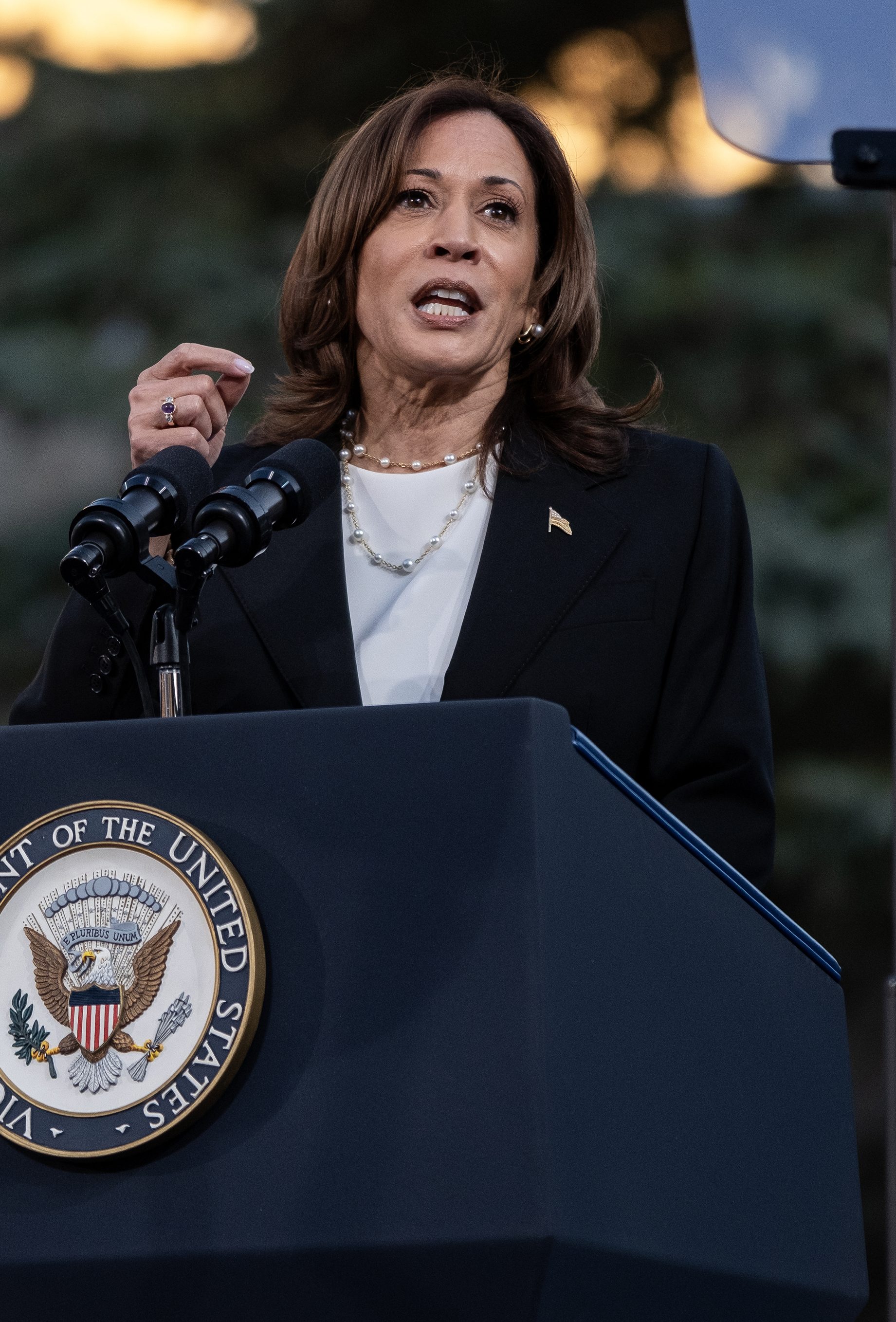 Kamala Harris speaks during a rally at Ripon College on October 3, 2024 in Ripon, Wisconsin. The rally comes a day after Harris visited Georgia to assess the aftermath of Hurricane Helene. (Photo by Jim Vondruska/Getty Images)