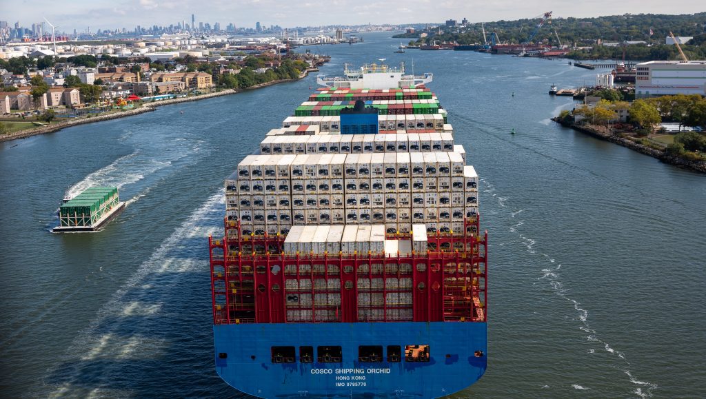 NEW YORK, NEW YORK - SEPTEMBER 30: A container ship departs the Port of Newark for the Atlantic Ocean on September 30, 2024 seen from New York City. A massive strike that could shut down ports across the East and Gulf coasts could begin at midnight as members of the International Longshoremen’s Association continue to make salary and other demands to the United States Maritime Alliance, which controls many of the ports across the country. (Photo by Spencer Platt/Getty Images)