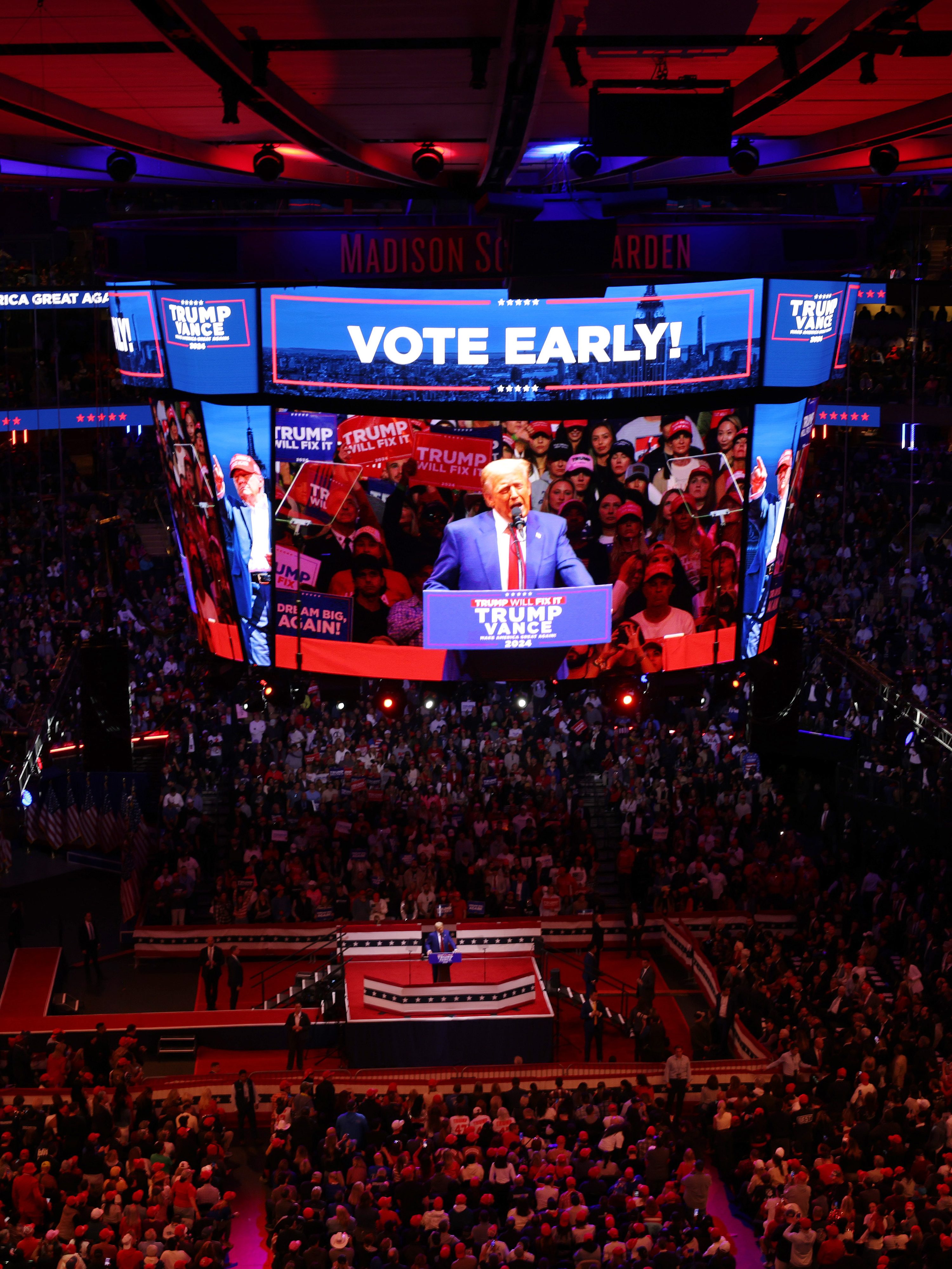 NEW YORK, NEW YORK - OCTOBER 27: Republican presidential nominee, former U.S. President Donald Trump speaks at a campaign rally at Madison Square Garden on October 27, 2024 in New York City. Trump closed out his weekend of campaigning in New York City with a guest list of speakers that includes his running mate Republican Vice Presidential nominee, U.S. Sen. J.D. Vance (R-OH), Tesla CEO Elon Musk, UFC CEO Dana White, and House Speaker Mike Johnson, among others, nine days before Election Day.  (Photo by Michael M. Santiago/Getty Images)