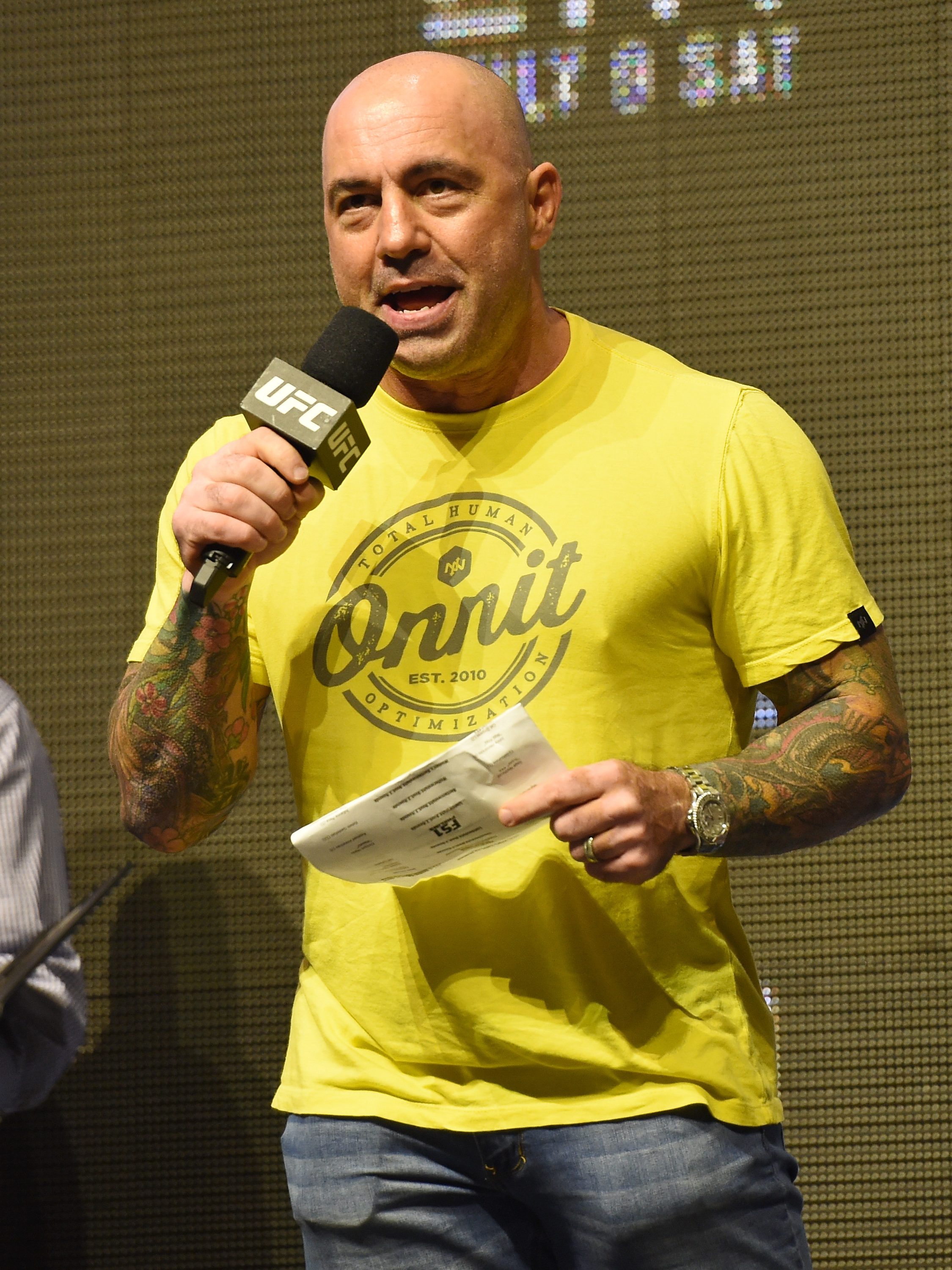LAS VEGAS, NV - JULY 08:  Commentator Joe Rogan speaks during weigh-ins for UFC 200 at T-Mobile Arena on July 8, 2016 in Las Vegas, Nevada.  (Photo by Ethan Miller/Getty Images)