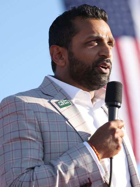 MINDEN, NEVADA - OCTOBER 08: Former Chief of Staff to the Department of Defense Kash Patel speaks during a campaign rally at Minden-Tahoe Airport on October 08, 2022 in Minden, Nevada. Former U.S. President Donald Trump held a campaign style rally for Nevada GOP candidates ahead of the state's midterm election on November 8th.  (Photo by Justin Sullivan/Getty Images)