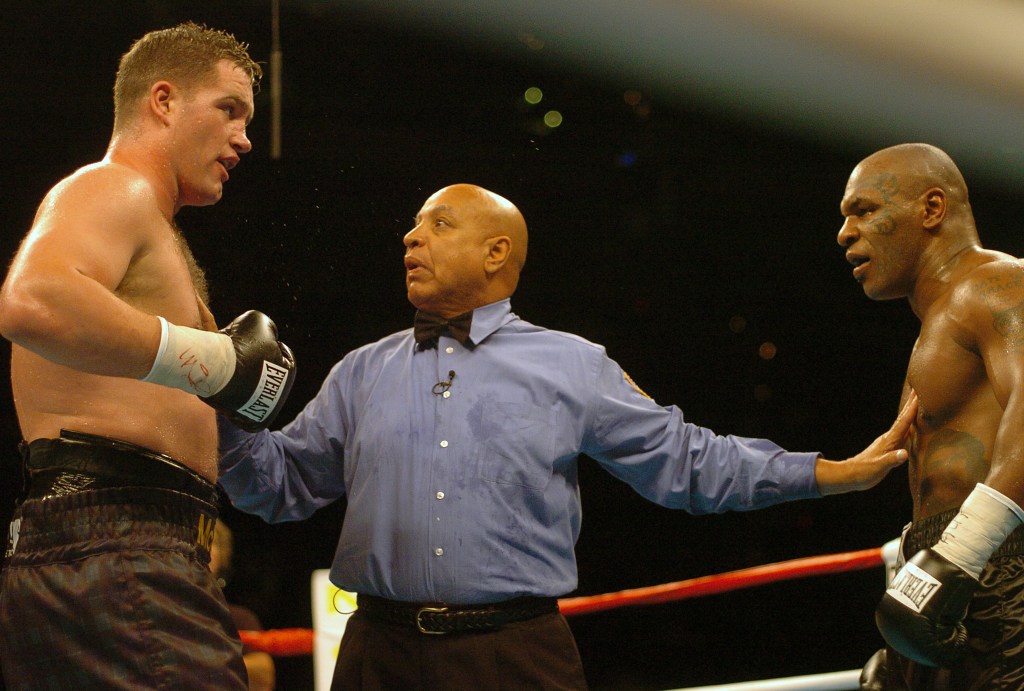 WASHINGTON, D.C. - JUNE 11: Heavyweight Mike Tyson, black trunks and Kevin McBride, blue spotted trunks fight during a heavyweight match on June 11, 2005 at the MCI Center in Washington, D.C.. Tyson loss the fight after he RTD in the six round. (Photo by Focus on Sport/Getty Images)