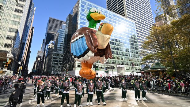 NEW YORK, NEW YORK - NOVEMBER 23: View of the Uncle Dan balloon at the 97th Annual Macy's Thanksgiving Day Parade on November 23, 2023 in New York City. (Photo by James Devaney/Getty Images)