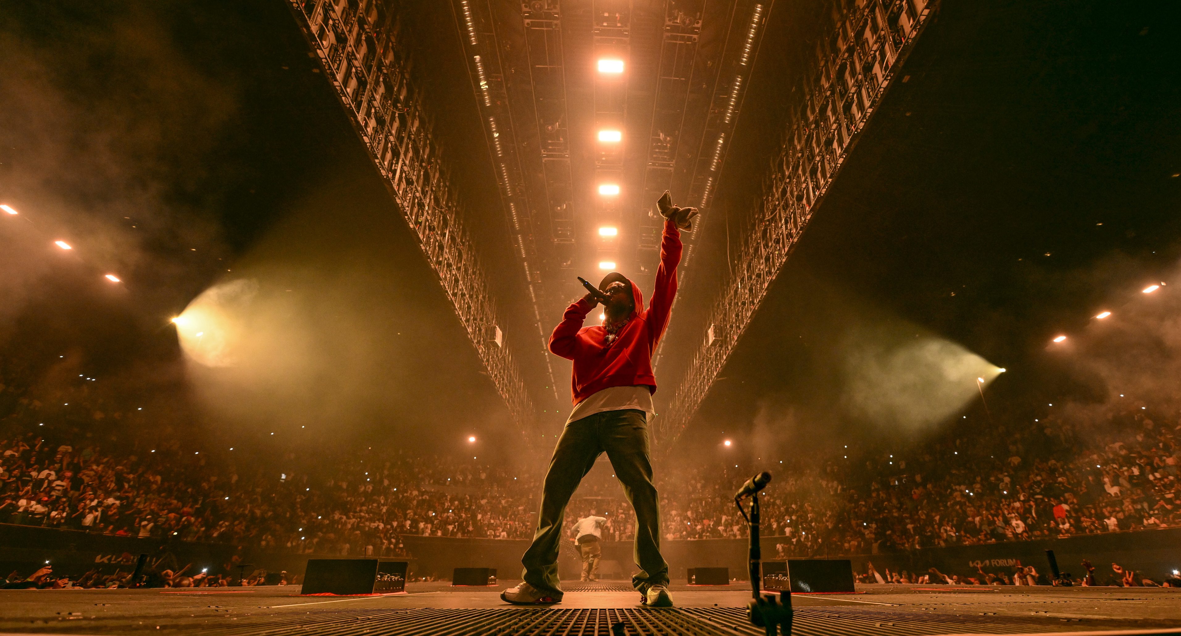 INGLEWOOD, CALIFORNIA - JUNE 19: Kendrick Lamar performs onstage during The Pop Out – Ken & Friends Presented by pgLang and Free Lunch at The Kia Forum on June 19, 2024 in Inglewood, California. (Photo by Timothy Norris/Getty Images for pgLang, Amazon Music, & Free Lunch)