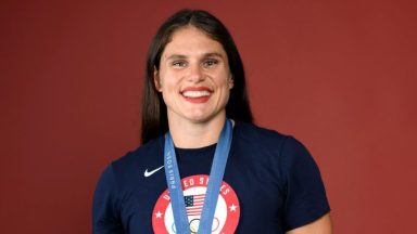 PARIS, FRANCE - JULY 31: (BROADCAST-OUT) Olympian Ilona Maher of Team United States poses on the Today Show Set on July 31, 2024 in Paris, France. (Photo by Kristy Sparow/Getty Images)