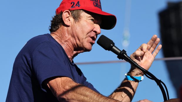 COACHELLA, CALIFORNIA - OCTOBER 12: Actor Dennis Quaid speaks at a campaign rally for Republican presidential nominee, former U.S. President Donald Trump on October 12, 2024 in Coachella, California. With 24 days to go until election day, former President Donald Trump is detouring from swing states to hold the rally in Democratic presidential nominee, Vice President Kamala Harris' home state. (Photo by Mario Tama/Getty Images)