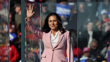 LITITZ, PENNSYLVANIA - NOVEMBER 03: Former Rep. Tulsi Gabbard (R-HI) takes the stage during a Republican presidential nominee, former U.S. President Donald Trump campaign rally at Lancaster Airport on November 03, 2024 in Lititz, Pennsylvania. Trump begins his day campaigning in battleground state of Pennsylvania, where 19 electoral votes up for grabs, where a recent New York Times and Siena College polls show a tie with Democratic presidential nominee, U.S. Vice President Kamala Harris. Trump will head to North Carolina and Georgia where Harris continues to lead in the polls.  (Photo by Michael M. Santiago/Getty Images)