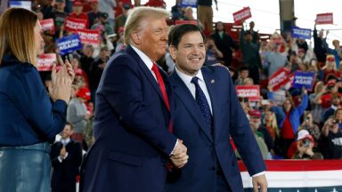 RALEIGH, NORTH CAROLINA - NOVEMBER 04:  Republican presidential nominee, former U.S. President Donald Trump appears stage with U.S. Sen. Marco Rubio (R-FL) (R) and Arkansas Gov. Sarah Huckabee Sanders during a campaign rally at the J.S. Dorton Arena on November 04, 2024 in Raleigh, North Carolina. With one day left before the general election, Trump is campaigning for re-election in the battleground states of North Carolina, Pennsylvania and Michigan.  (Photo by Chip Somodevilla/Getty Images)