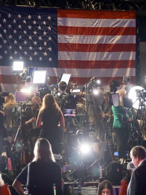 WEST PALM BEACH, FLORIDA - NOVEMBER 05: Members of the media cover the election night watch party for Republican presidential nominee former President Donald Trump at the Palm Beach County Convention Center on November 05, 2024, in West Palm Beach, Florida. Today, voters cast their ballots to determine whether Republican nominee former President Donald Trump or Democratic nominee Vice President Kamala Harris will become the next President of the United States. (Photo by Joe Raedle/Getty Images)