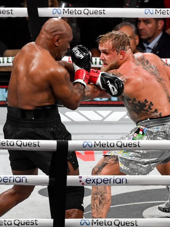 Texas , United States - 15 November 2024; Jake Paul, right, and Mike Tyson during their heavyweight bout at AT&T Stadium in Arlington, Texas, USA. (Photo By Stephen McCarthy/Sportsfile via Getty Images)