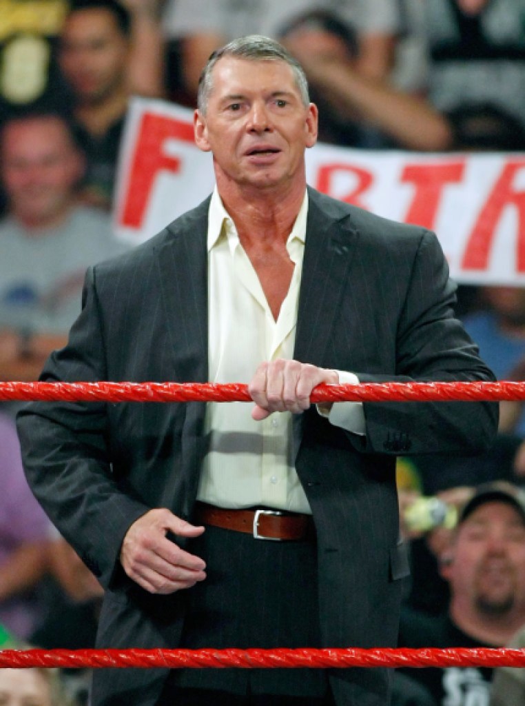 LAS VEGAS - AUGUST 24: World Wrestling Entertainment Inc. Chairman Vince McMahon appears in the ring during the WWE Monday Night Raw show at the Thomas & Mack Center August 24, 2009 in Las Vegas, Nevada. (Photo by Ethan Miller/Getty Images)