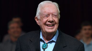 Former U.S. President Jimmy Carter speaks to the congregation at Maranatha Baptist Church before teaching Sunday school in his hometown of Plains, Georgia on April 28, 2019. Carter, 94, has taught Sunday school at the church on a regular basis since leaving the White House in 1981, drawing hundreds of visitors who arrive hours before the 10:00 am lesson in order to get a seat and have a photograph taken with the former President and former First Lady Rosalynn Carter. (Photo by Paul Hennessy/NurPhoto via Getty Images)