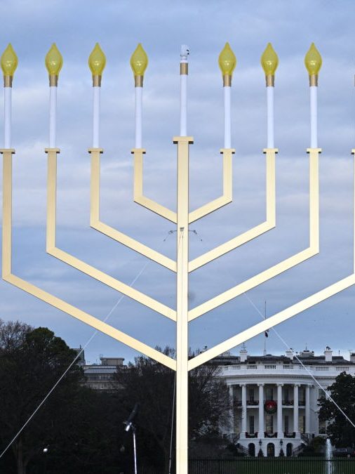 TOPSHOT - View of the Annual National Menorah Lighting ceremony, at the Ellipse of the White House in Washington, DC, on December 7, 2023. (Photo by Brendan SMIALOWSKI / AFP) (Photo by BRENDAN SMIALOWSKI/AFP via Getty Images)
