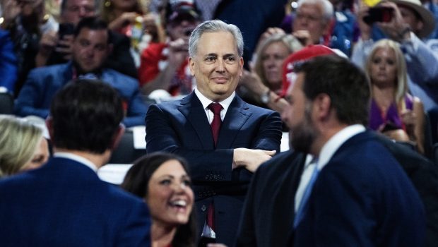 UNITED STATES - JULY 15: David Sacks, a venture capitalist, and Sen. JD Vance, R-Ohio, right, vice presidential nominee, are seen in Fiserv Forum on the first day of Republican National Convention in Milwaukee, Wis., on Monday, July 15, 2024. (Tom Williams/CQ-Roll Call, Inc via Getty Images)