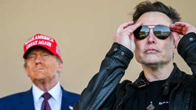 BROWNSVILLE, TEXAS - NOVEMBER 19: U.S. President-elect Donald Trump and Elon Musk watch the launch of the sixth test flight of the SpaceX Starship rocket on November 19, 2024 in Brownsville, Texas. SpaceX’s billionaire owner, Elon Musk, a Trump confidante, has been tapped to lead the new Department of Government Efficiency alongside former presidential candidate Vivek Ramaswamy. (Photo by Brandon Bell/Getty Images)