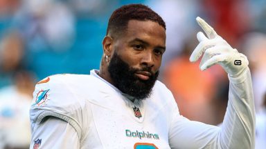 MIAMI GARDENS, FLORIDA - NOVEMBER 24: Odell Beckham Jr. #3 of the Miami Dolphins warms up prior to the game against the New England Patriots at Hard Rock Stadium on November 24, 2024 in Miami Gardens, Florida. (Photo by Carmen Mandato/Getty Images)