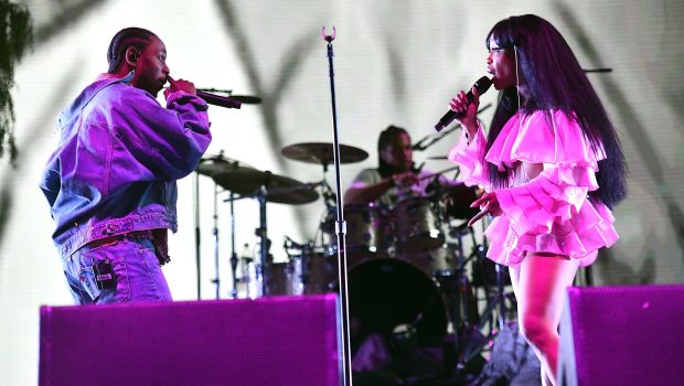 INDIO, CA - APRIL 13:  Rappers Kendrick Lamar (L) and SZA (R) perform on the Coachella stage during week 1, day 1 of the Coachella  Valley Music And Arts Festival on April 13, 2018 in Indio, California.  (Photo by Scott Dudelson/Getty Images for Coachella  )