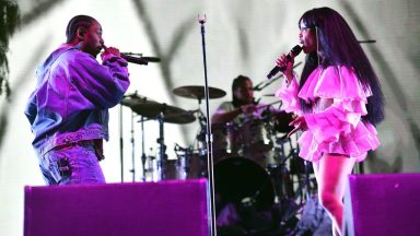 INDIO, CA - APRIL 13:  Rappers Kendrick Lamar (L) and SZA (R) perform on the Coachella stage during week 1, day 1 of the Coachella  Valley Music And Arts Festival on April 13, 2018 in Indio, California.  (Photo by Scott Dudelson/Getty Images for Coachella  )