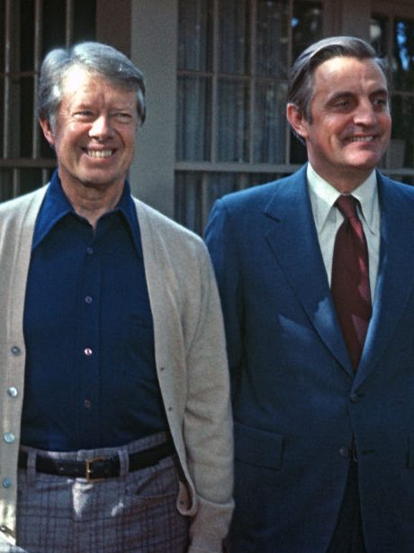 US President-elect Jimmy Carter (left) and Vice President-elect Walter Mondale (1928 - 2032) pose together, prior to a post-election press conference, Plains, Georgia, November 4, 1976. (Photo by Benjamin E. 'Gene' Forte/CNP/Getty Images)