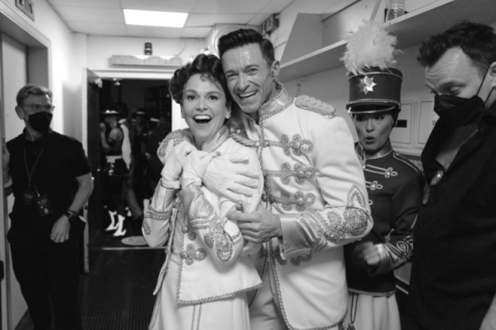 NEW YORK, NEW YORK - JUNE 12: (EDITOR'S NOTE: This image was shot in black and white) (L-R) Sutton Foster and Hugh Jackman attend the 75th Annual Tony Awards at Radio City Music Hall on June 12, 2022 in New York City. (Photo by Jenny Anderson/Getty Images for Tony Awards Productions )