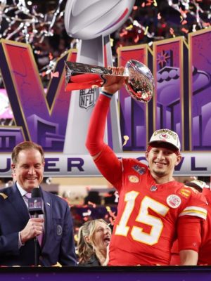 LAS VEGAS, NEVADA - FEBRUARY 11: Patrick Mahomes #15 of the Kansas City Chiefs holds the Lombardi Trophy after defeating the San Francisco 49ers 25-22 during Super Bowl LVIII at Allegiant Stadium on February 11, 2024 in Las Vegas, Nevada. (Photo by Jamie Squire/Getty Images)