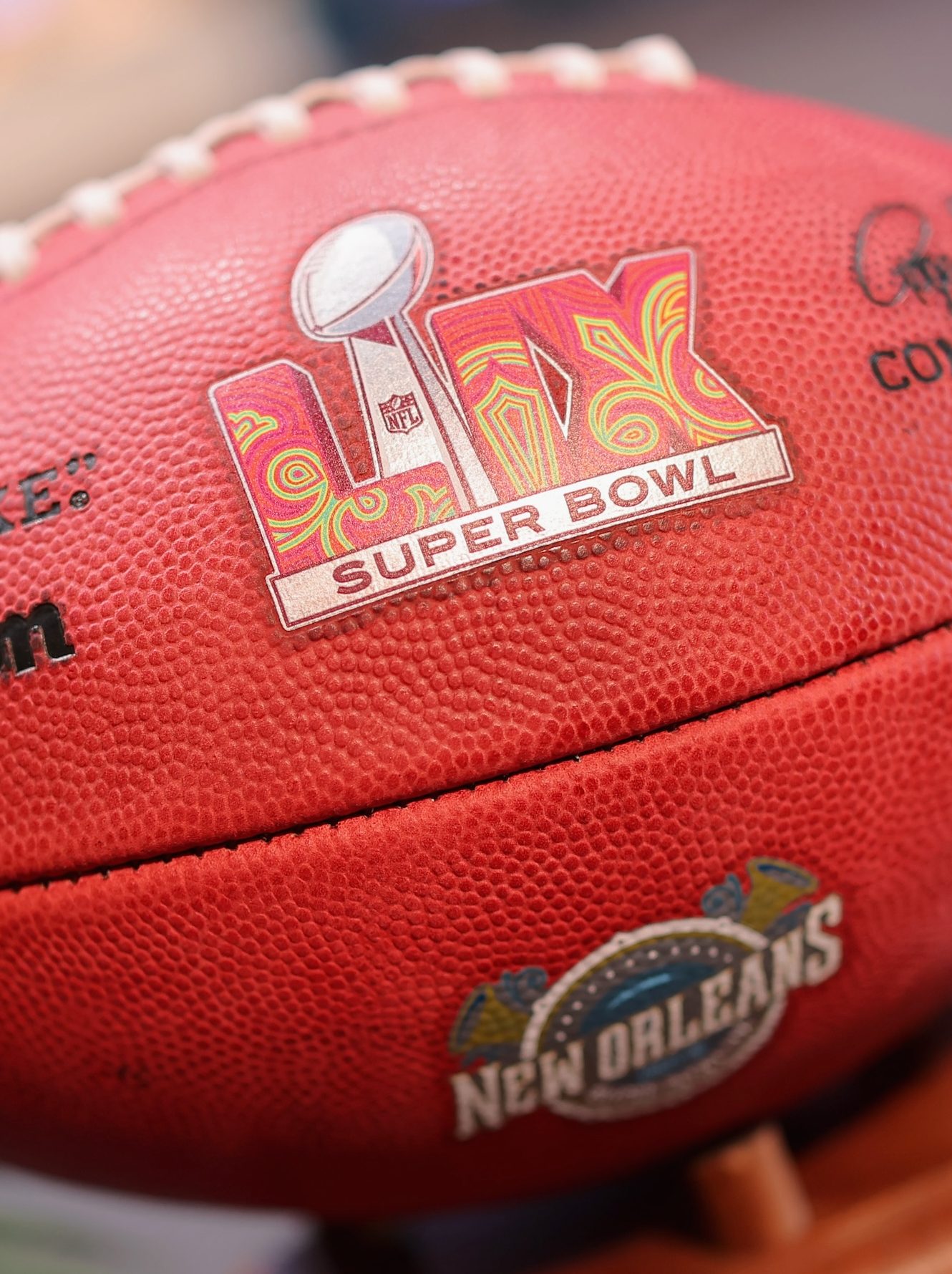 NEW ORLEANS, LOUISIANA - OCTOBER 15: Super Bowl LIX merchandise seen at Mardi Gras World on October 15, 2024 in New Orleans, Louisiana.  (Photo by Jonathan Bachman/Getty Images for Raising Cane's)