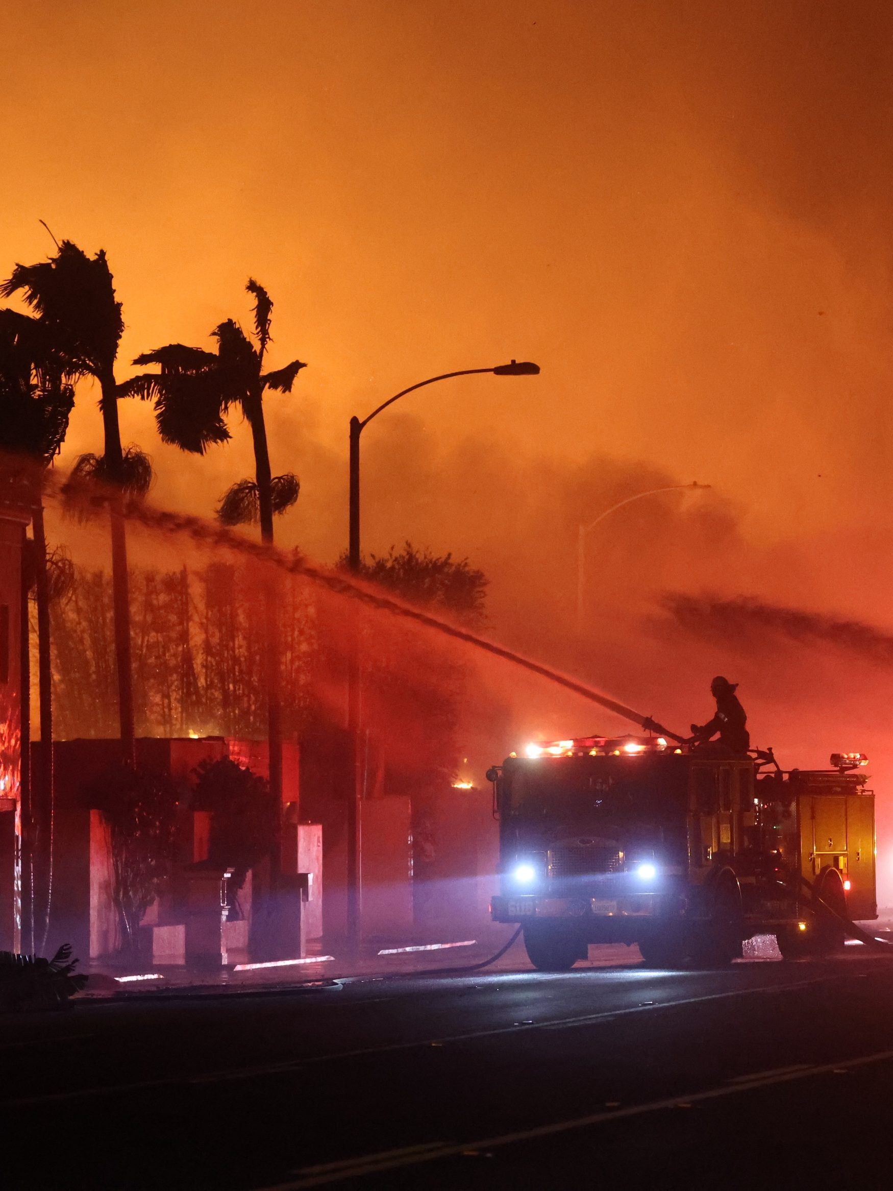 LOS ANGELES, UNITED STATES - JANUARY 09: (----EDITORIAL USE ONLY  MANDATORY CREDIT - 'OFFICIAL FLICKR ACCOUNT OF CALIFORNIA DEPARTMENT OF FORESTRY AND FIRE PROTECTION / HANDOUT' - NO MARKETING NO ADVERTISING CAMPAIGNS - DISTRIBUTED AS A SERVICE TO CLIENTS----) Firefighters continue battling Palisades fire as flames rage across Los Angeles, California, United States on January 09, 2025. (Photo by Official Flickr Account of CAL FIRE / Handout/Anadolu via Getty Images)